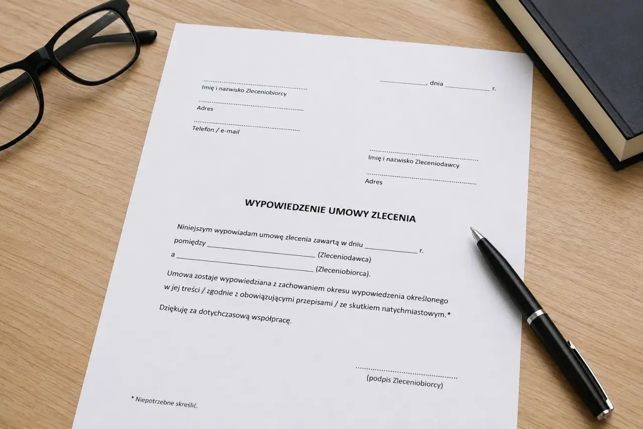 Dokument "wypowiedzenie umowy zlecenia" leży na drewnianym biurku obok okularów i długopisu.