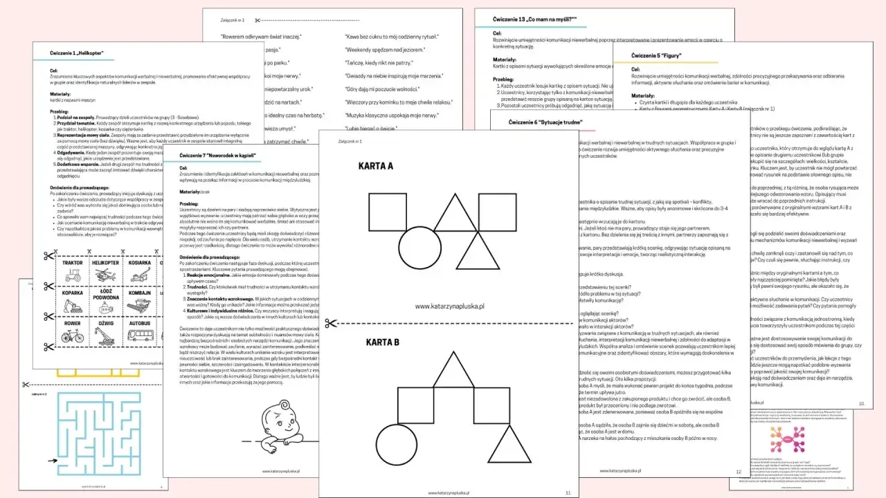 Grafika przedstawia fragmenty materiałów szkoleniowych z ćwiczeniami komunikacyjnymi, w tym schematy i ilustracje.