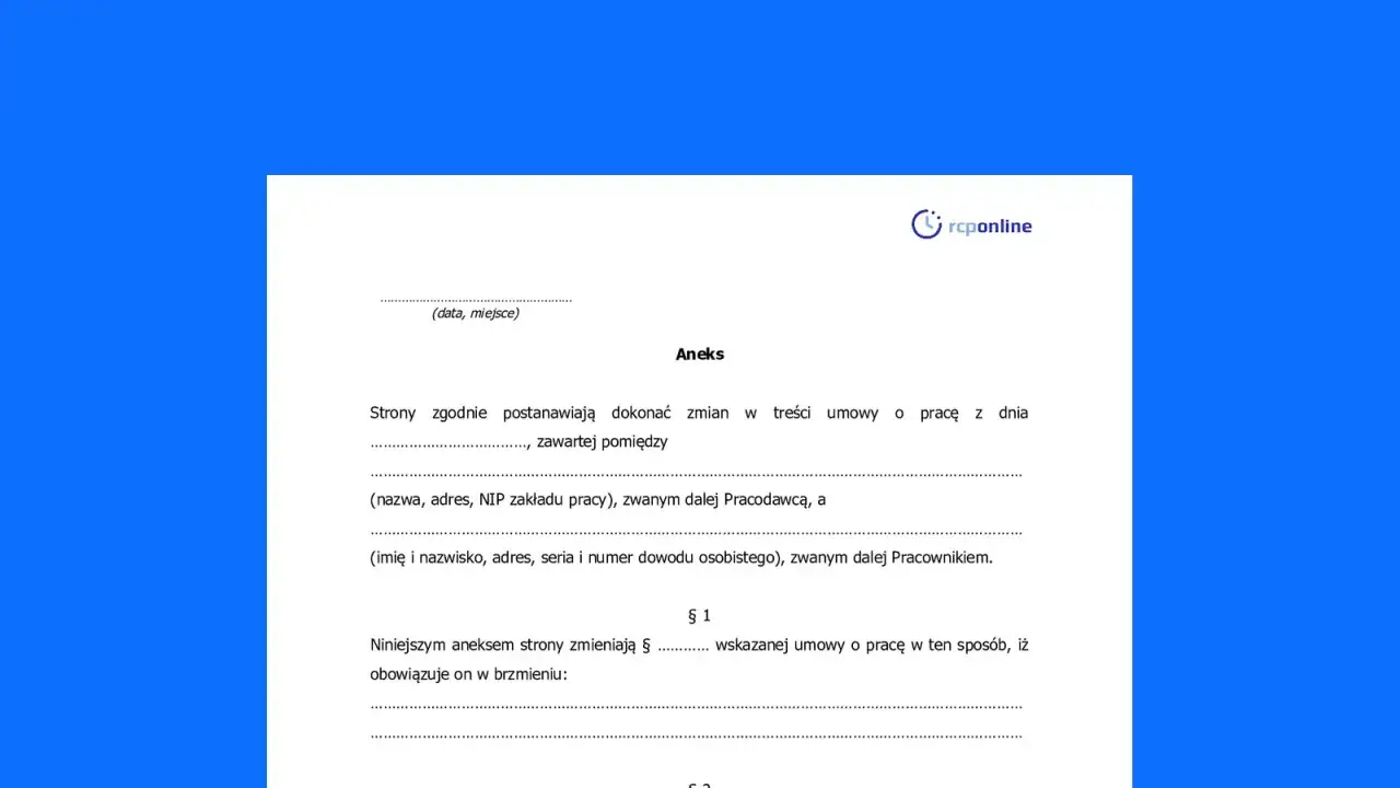 Fragment dokumentu "Aneks" z tekstem prawnym i logo "rcponline".