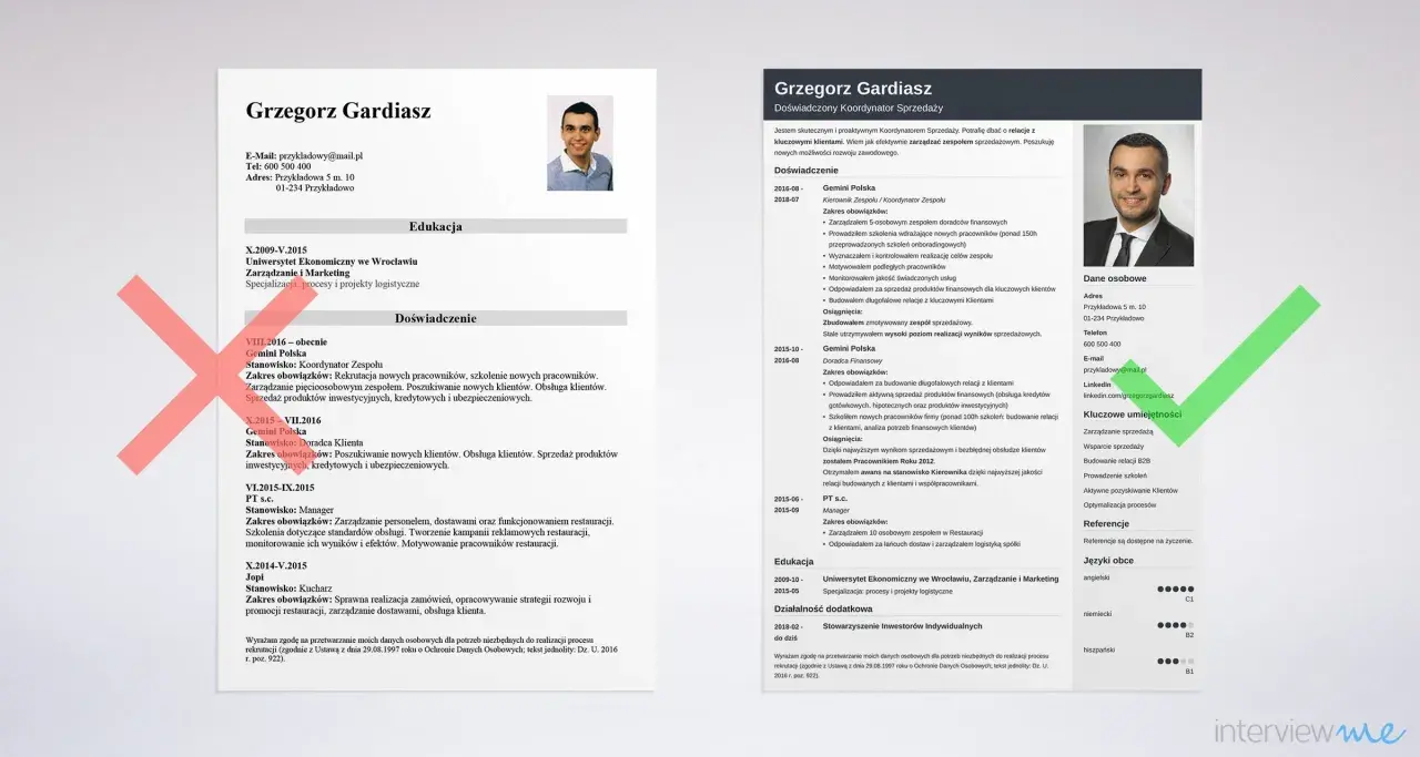 Zdjęcie przedstawia fragment CV z portretem mężczyzny, danymi kontaktowymi i sekcjami: Edukacja, Doświadczenie, Dane osobowe, Umiejętności.