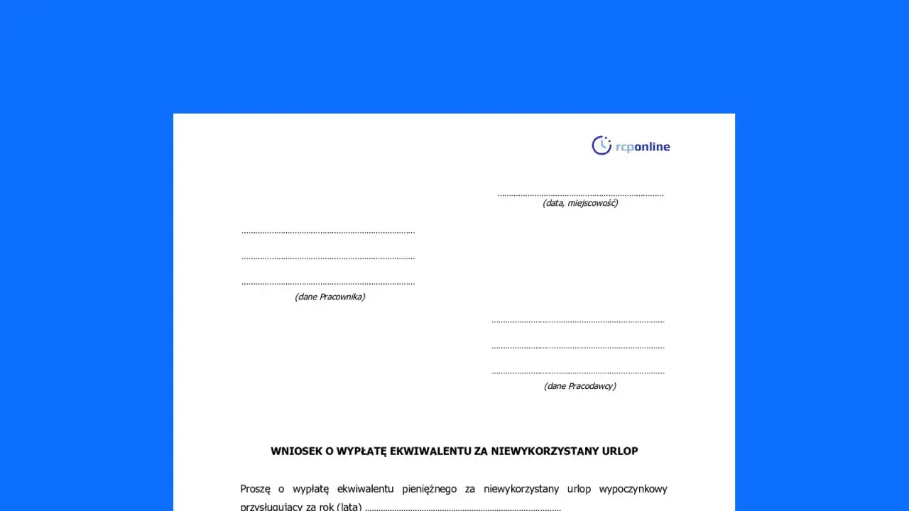 Fragment wniosku o ekwiwalent za niewykorzystany urlop z logo rcponline.