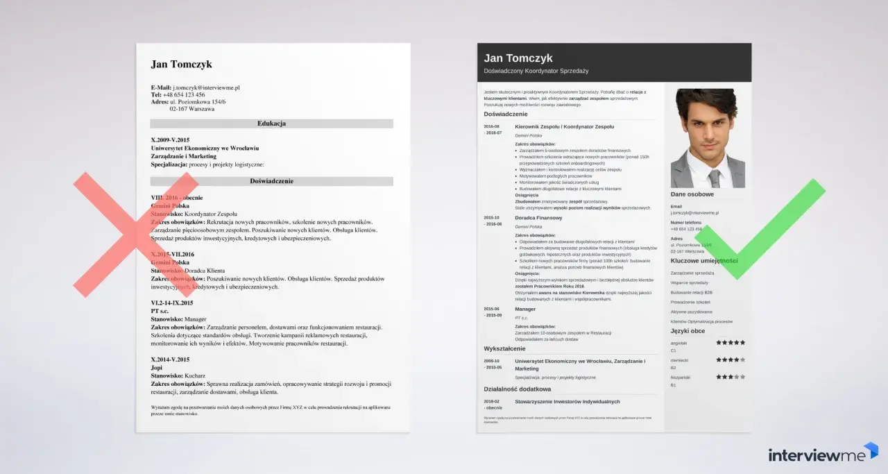 CV pracownika z sekcjami: dane osobowe, wykształcenie, doświadczenie, umiejętności i zdjęcie.