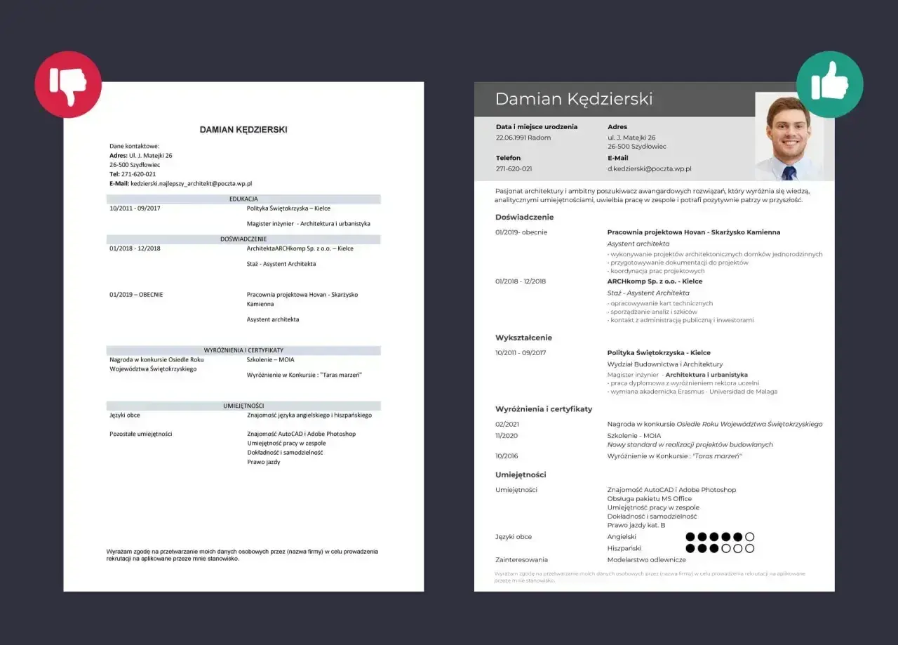 CV architekta z umiejętnościami do CV: znajomość AutoCAD, Adobe Photoshop, języki obce, prawo jazdy.