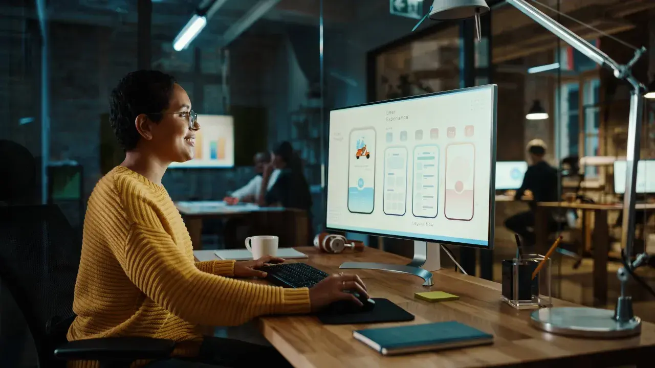 Uśmiechnięta ui designer pracuje nad projektem aplikacji, tworząc intuicyjny interfejs użytkownika.