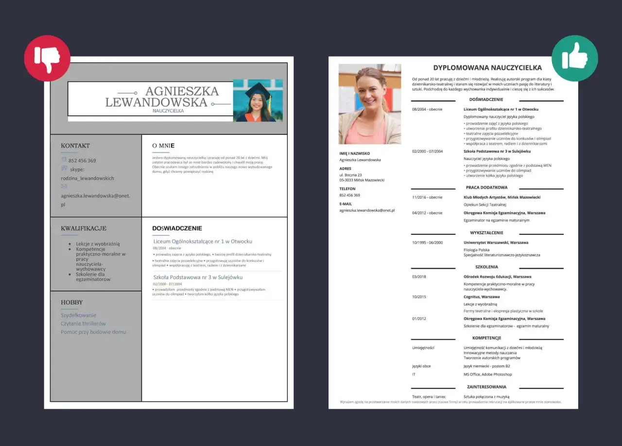 CV dla ucznia: dyplomowana nauczycielka z 20-letnim doświadczeniem, szukająca pracy w pobliżu domu.