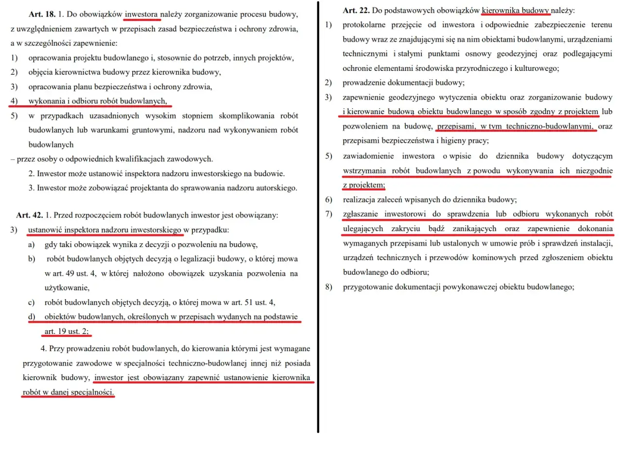 Obowiązki kierownika budowy: przejęcie terenu, dokumentacja, geodezyjne wytyczenie, zgodność z projektem, zgłaszanie rob&oacute;t do odbioru.