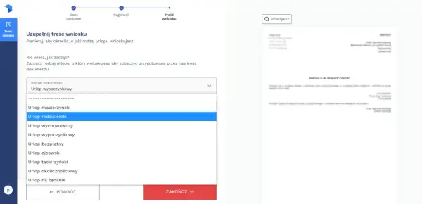 Formularz wyboru rodzaju urlopu, zaznaczony "Urlop rodzicielski".