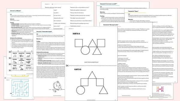 Grafika przedstawia fragmenty materiałów szkoleniowych z ćwiczeniami komunikacyjnymi, w tym schematy i ilustracje.
