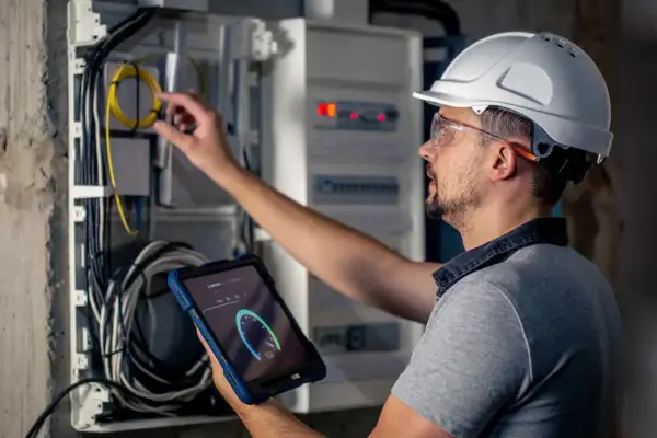 Elektromonter w kasku i okularach ochronnych sprawdza instalację elektryczną za pomocą tabletu.