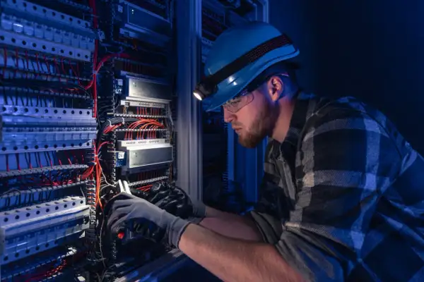Elektryk w kasku z latarką pracuje przy panelu elektrycznym z licznymi przewodami.