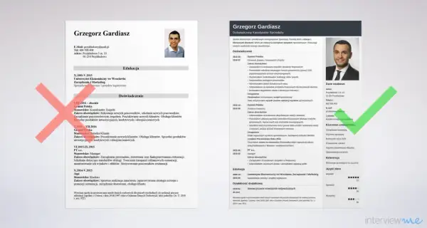 Zdjęcie przedstawia fragment CV z portretem mężczyzny, danymi kontaktowymi i sekcjami: Edukacja, Doświadczenie, Dane osobowe, Umiejętności.