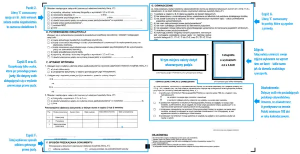 Fragment formularza wniosku o wydanie prawa jazdy z zaznaczonymi polami i miejscem na zdjęcie.
