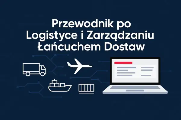 Grafika przedstawia ikonki ciężarówki, samolotu, statku i kontenera połączone z laptopem, symbolizujące logistykę.