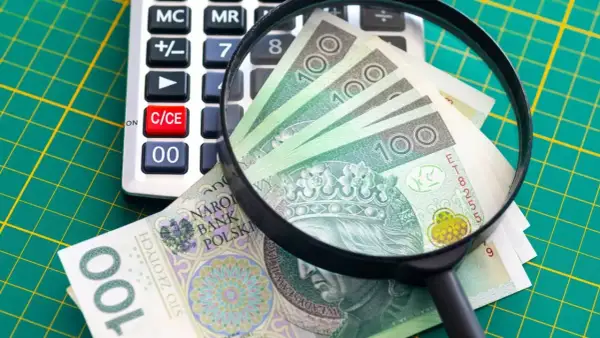 Kalkulator, lupa i polskie banknoty 100 zł na zielonym tle.