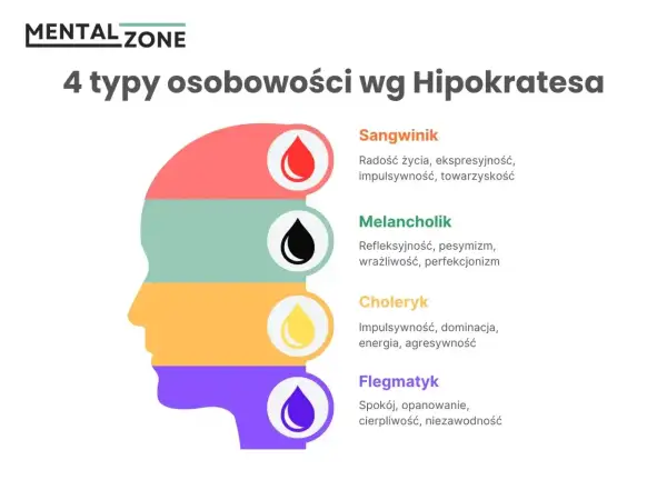 Profil głowy podzielony na 4 kolory, symbolizujące 4 typy osobowości: sangwinik, melancholik, choleryk, flegmatyk.