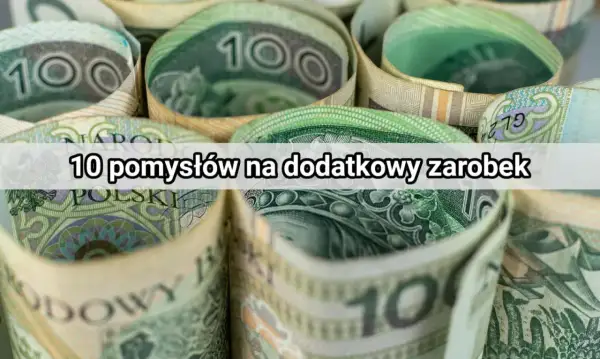 Zwijane polskie banknoty 100 zł z napisem "10 pomysłów na dodatkowy zarobek".