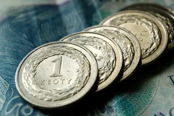 Rząd polskich monet 1 złoty na tle banknotu. Pytanie o umowa zlecenie ile na godzinę netto.