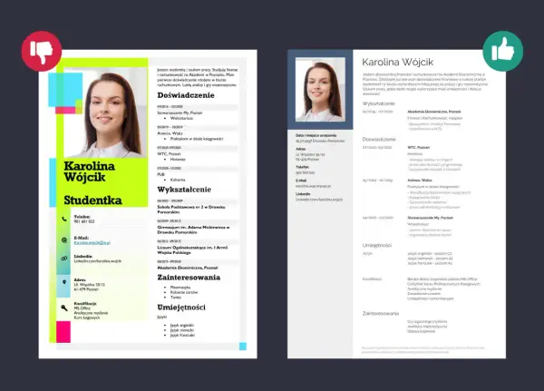 Zdjęcie przedstawia fragment CV z portretem młodej kobiety, Karoliną Wójcik, oraz jej danymi kontaktowymi i zawodowymi.