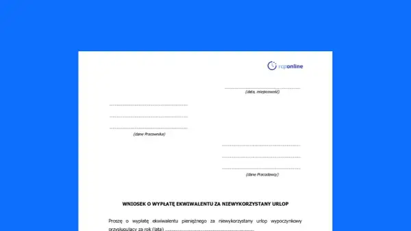 Fragment wniosku o ekwiwalent za niewykorzystany urlop z logo rcponline.