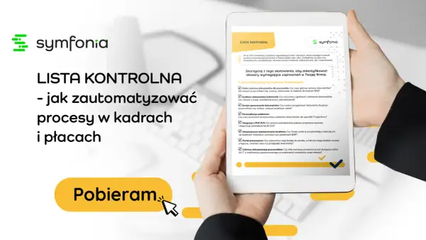Tablet z listą kontrolną automatyzacji procesów kadrowych i płacowych, z logo Symfonia.