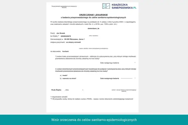 Orzeczenie lekarskie do książeczki sanepidowskiej, z danymi Jana Nowaka, kucharza.