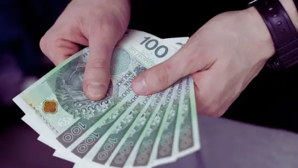 Dłonie trzymające stos banknotów 100-złotowych.