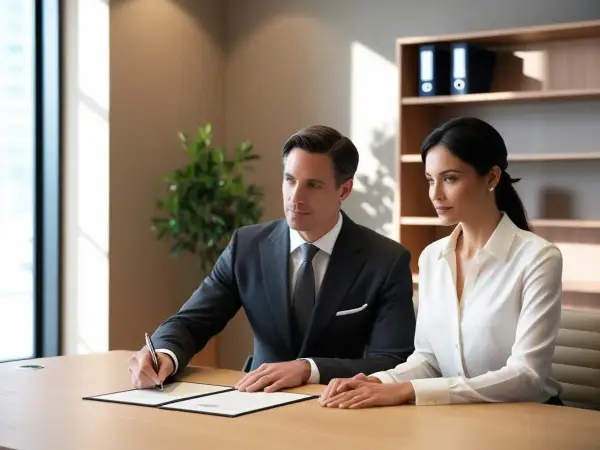 Mężczyzna podpisuje dokumenty, omawiając rodzaje umów o pracę z kobietą w eleganckim biurze.