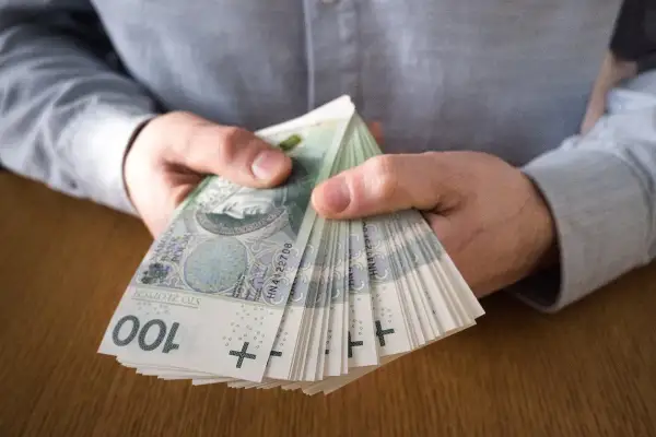 Dłonie trzymające stos banknotów 100 zł. Czy to symbol najlepiej płatnych zawodów?