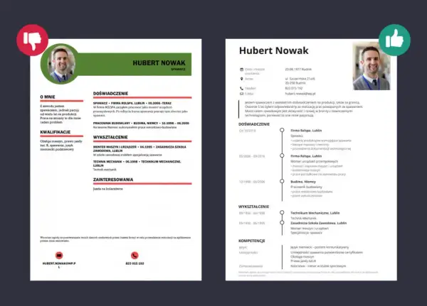 CV: Hubert Nowak, spawacz. Wykształcenie: Technik mechanik, zasadnicza szkoła zawodowa (specjalizacja spawacz).