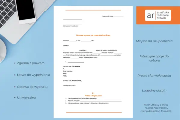 Fragment umowy o pracę na czas nieokreślony, z elementami graficznymi i tekstem informacyjnym.