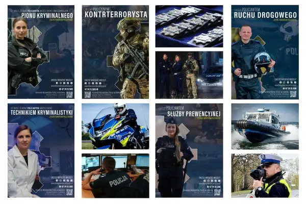 Kolaż zdjęć policjantów w różnych rolach: kryminalistyka, kontrterroryzm, drogówka, prewencja, łódź patrolowa, radiowóz, odznaki.
