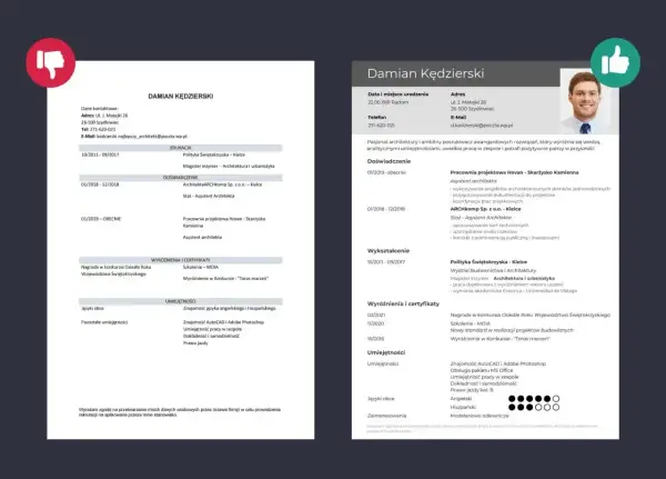 CV architekta z umiejętnościami do CV: znajomość AutoCAD, Adobe Photoshop, języki obce, prawo jazdy.