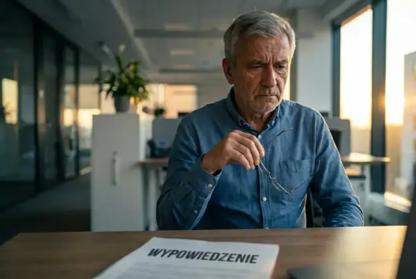 Starszy mężczyzna w okularach siedzi przy biurku, patrząc na dokument z napisem "WYPOWIEDZENIE".