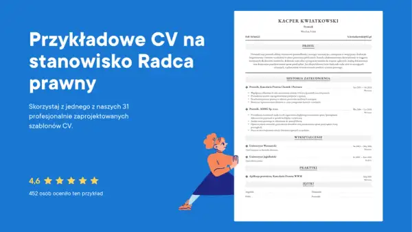Przykładowe CV prawnika z ilustracją i oceną 4,6 gwiazdek.