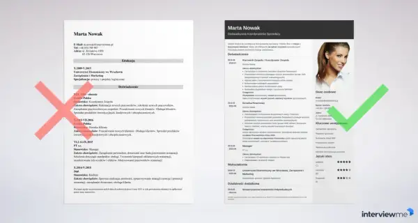 Fragment CV Marty Nowak z danymi kontaktowymi, wykształceniem, doświadczeniem i umiejętnościami.