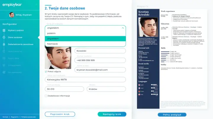 Formularz tworzenia CV po angielsku z polskim interfejsem i podglądem CV po prawej.